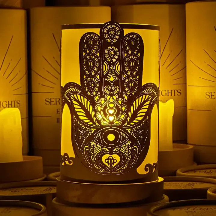 Hamsa V1, Decorative Candle Holder – Laser Etched, Handmade Wood Veneer, Rechargeable LED Candle