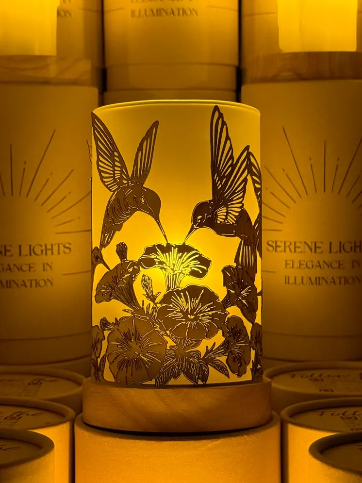 Humming Birds in Flight, Decorative Candle Holder – Laser Etched, Handmade Wood Veneer, Rechargeable LED Candle
