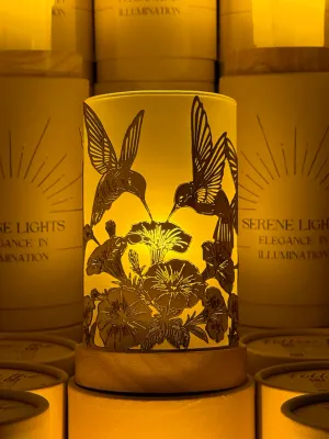 Humming Birds in Flight, Decorative Candle Holder – Laser Etched, Handmade Wood Veneer, Rechargeable LED Candle