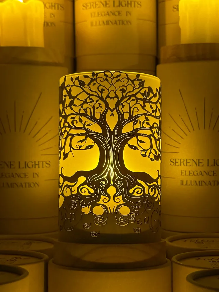 Tree of Life, Decorative Candle Holder – Laser Etched, Handmade Wood Veneer, Rechargeable LED Candle