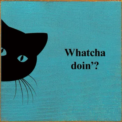 Whatcha doin'? (peeking cat) Wood Sign Old Turq