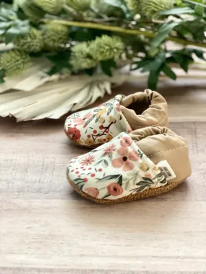 White Spring Floral w/Tan  3-6 M Moccasins