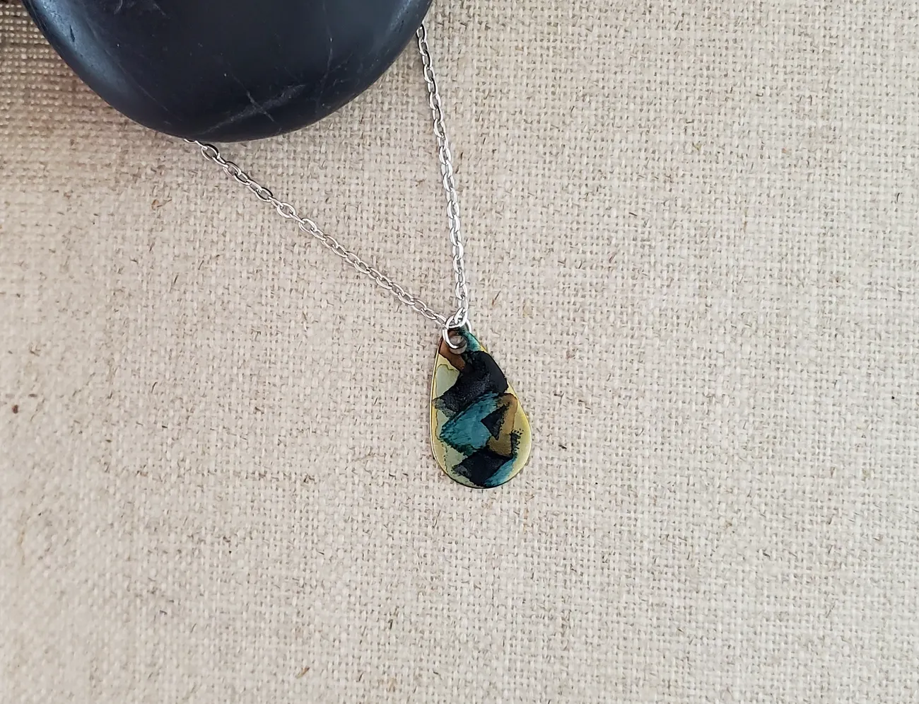 Alcohol Ink  Stainless Steel Small Teardrop Necklace - Black