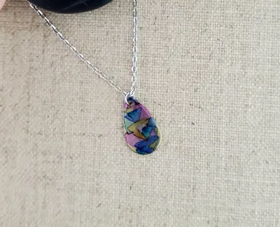 Alcohol Ink  Stainless Steel Small Teardrop Necklace - Pinks
