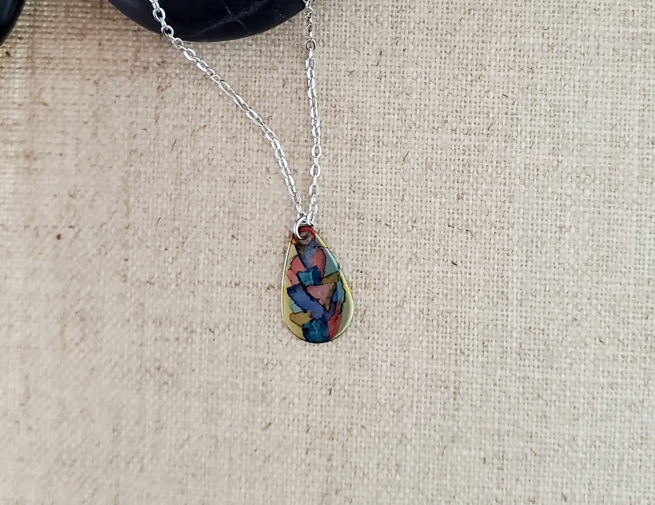 Alcohol Ink  Stainless Steel Small Teardrop Necklace - Reds