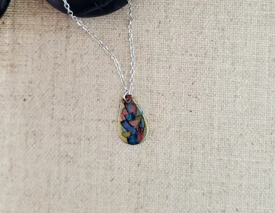 Alcohol Ink  Stainless Steel Small Teardrop Necklace - Reds