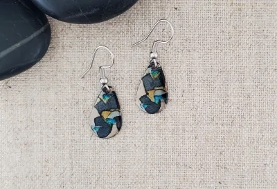 Alcohol Ink Stainless Steel Small Teardrop Earrings - Black