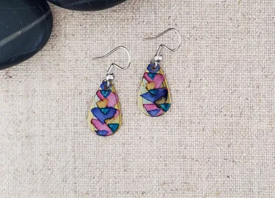 Alcohol Ink Stainless Steel Small Teardrop Earrings - Pinks
