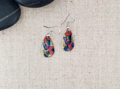 Alcohol Ink Stainless Steel Small Teardrop Earrings - Reds