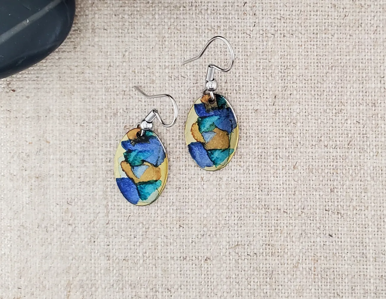 Alcohol Ink Stainless Steel Small Oval Earrings - Blue/Browns
