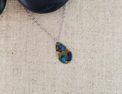 Alcohol Ink  Stainless Steel Small Teardrop Necklace - Blue/Browns