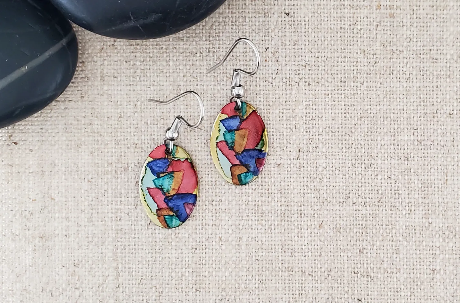 Alcohol Ink Stainless Steel Small Oval Earrings - Reds
