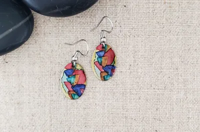 Alcohol Ink Stainless Steel Small Oval Earrings - Reds