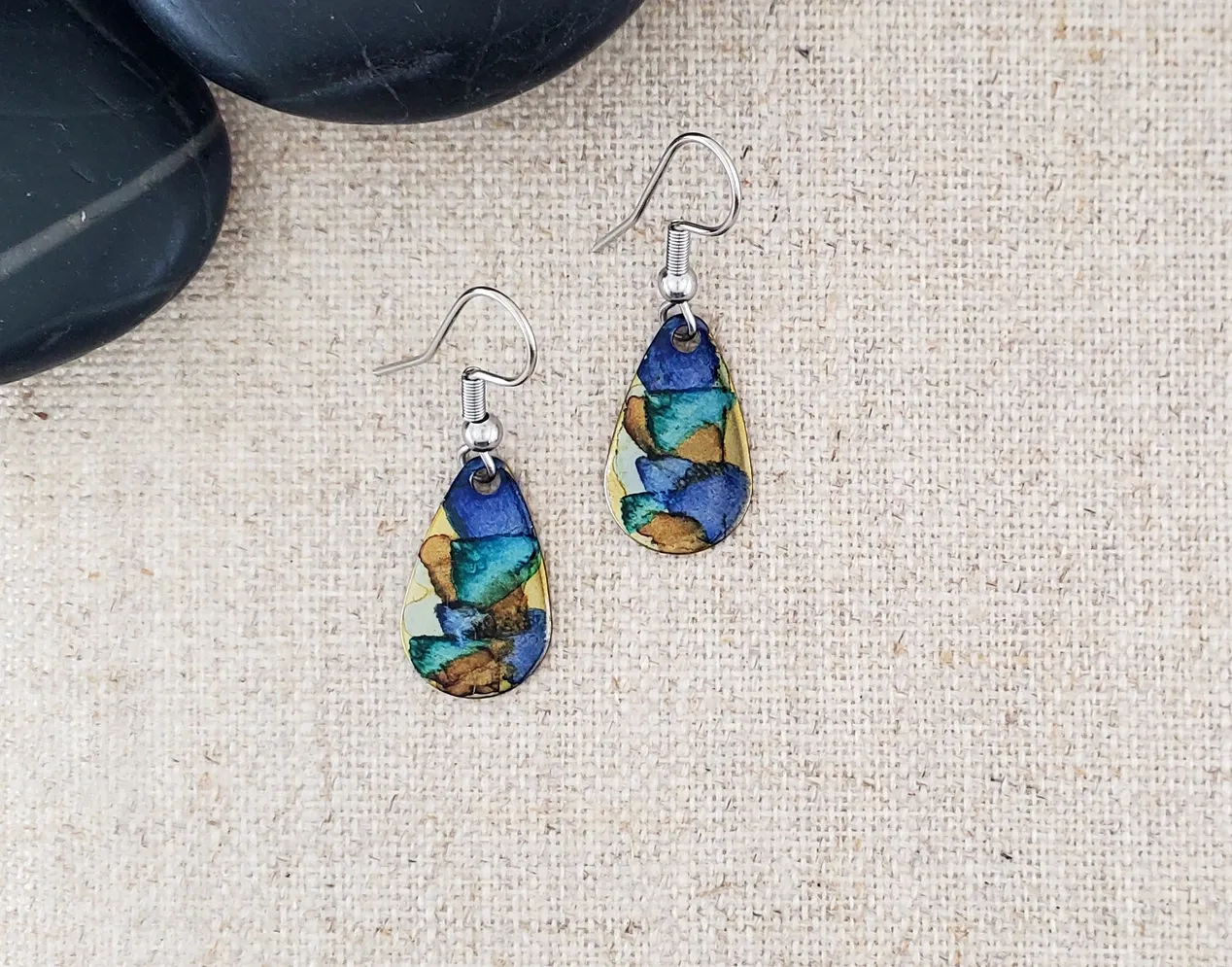 Alcohol Ink Stainless Steel Small Teardrop Earrings - Blue/Browns
