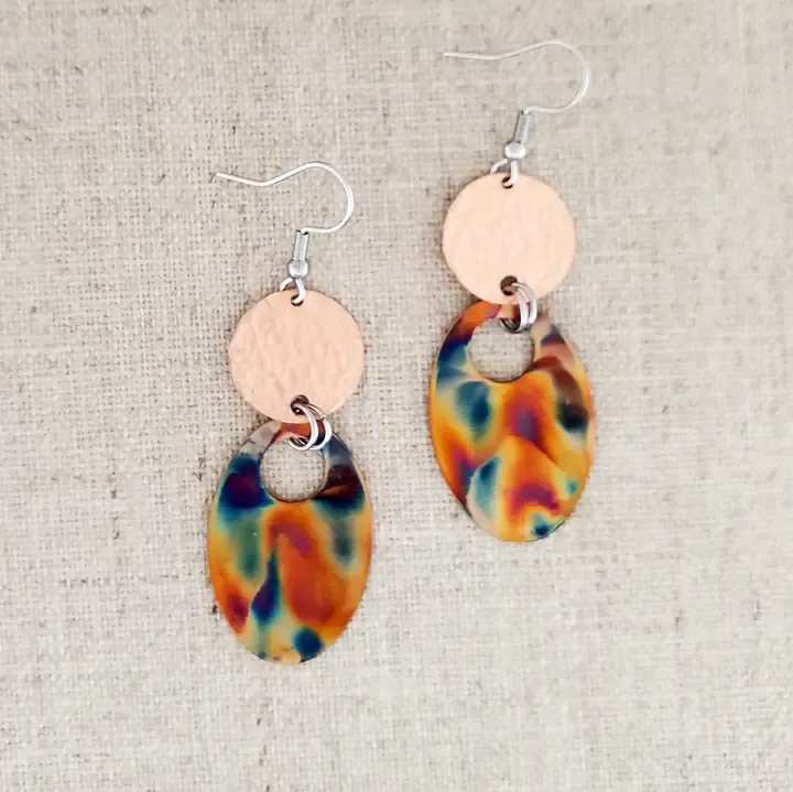 Flame Paint &amp; Hammered Copper Oval Connector Earrings