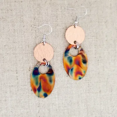 Flame Paint &amp; Hammered Copper Oval Connector Earrings