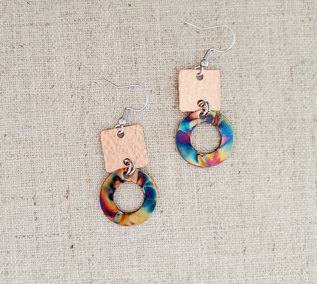 Flame Paint &amp; Hammered Copper Circle Connector Earrings