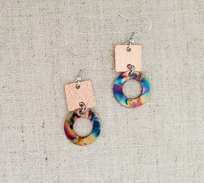 Flame Paint &amp; Hammered Copper Circle Connector Earrings