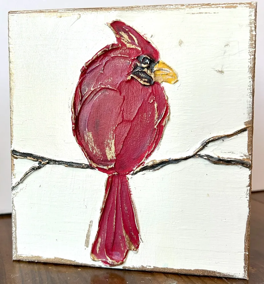 Cardinal  red bird 5x5 handmade wood block