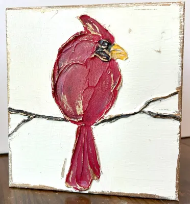 Cardinal  red bird 5x5 handmade wood block