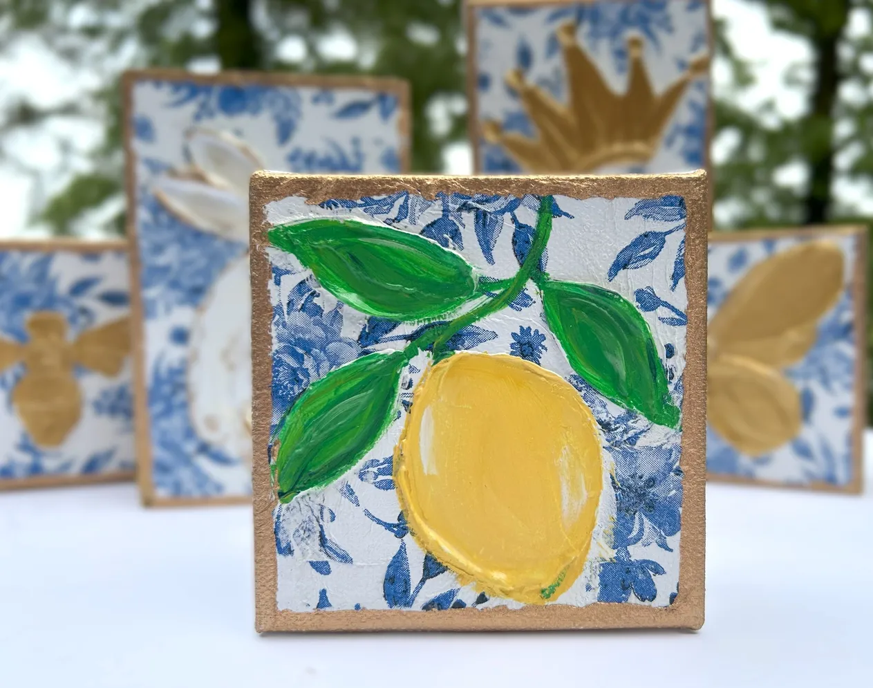 Lemon blue white 4x4 Handmade wood block