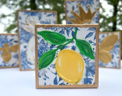 Lemon blue white 4x4 Handmade wood block