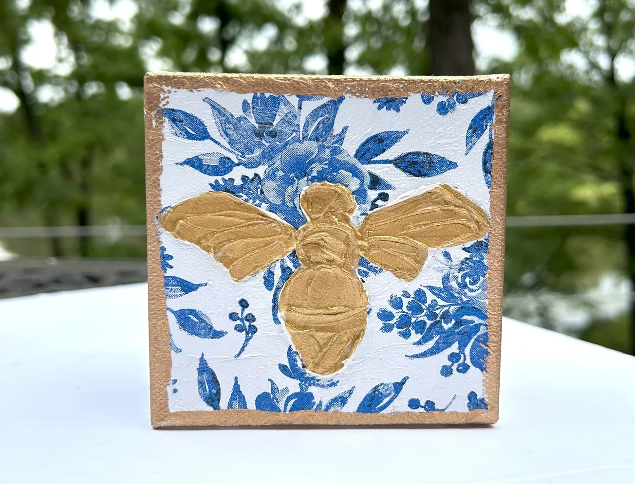 Bumblebee blue white 4x4 Handmade wood block