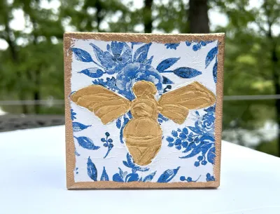 Bumblebee blue white 4x4 Handmade wood block