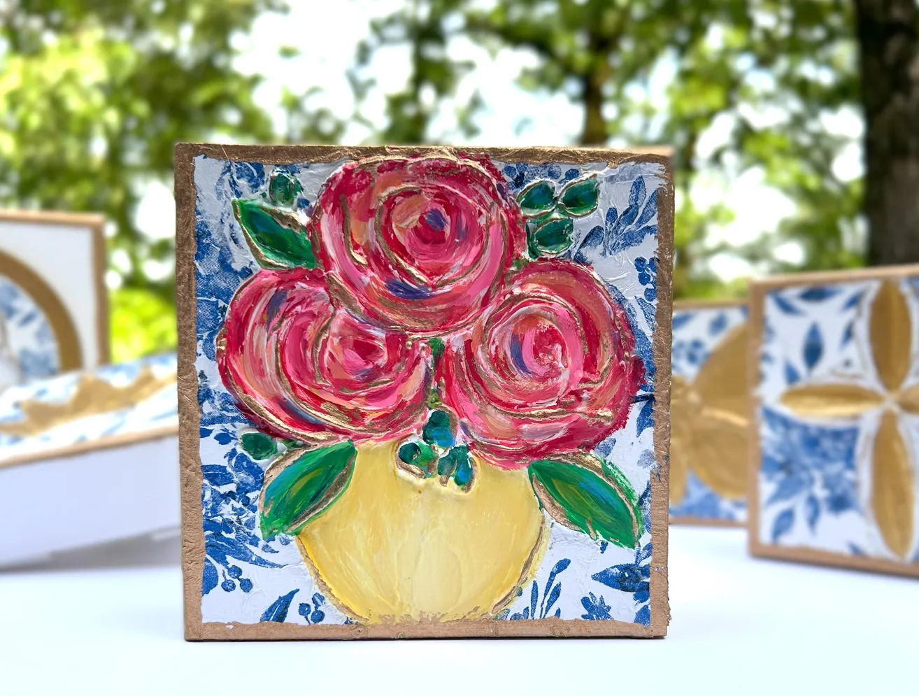 Floral Block Blue White  5x5 handmade, textured wood block