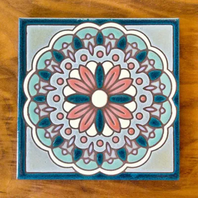 Daisy Mandala Hand Glazed Art Tile Trivet - Sea Green
