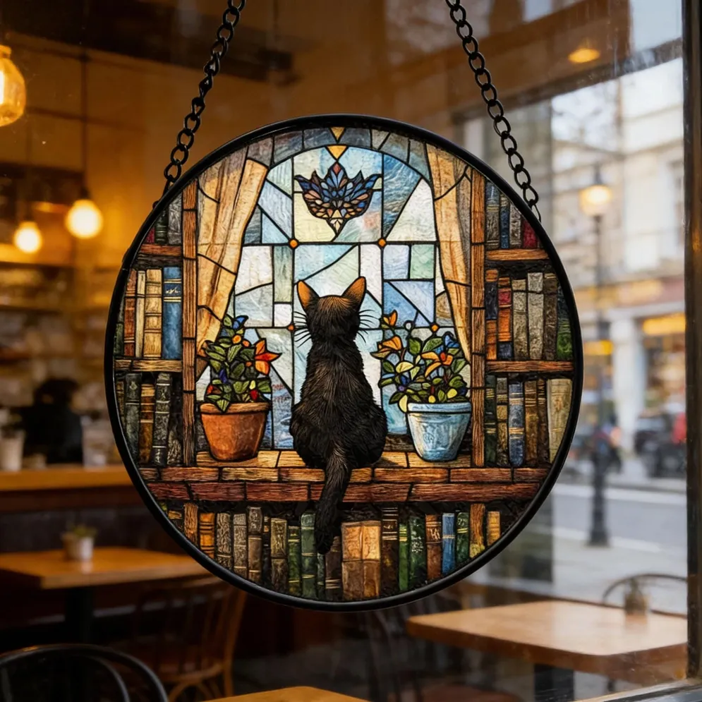 Black Cat Bookshelf 7.8inch Glass Suncatcher