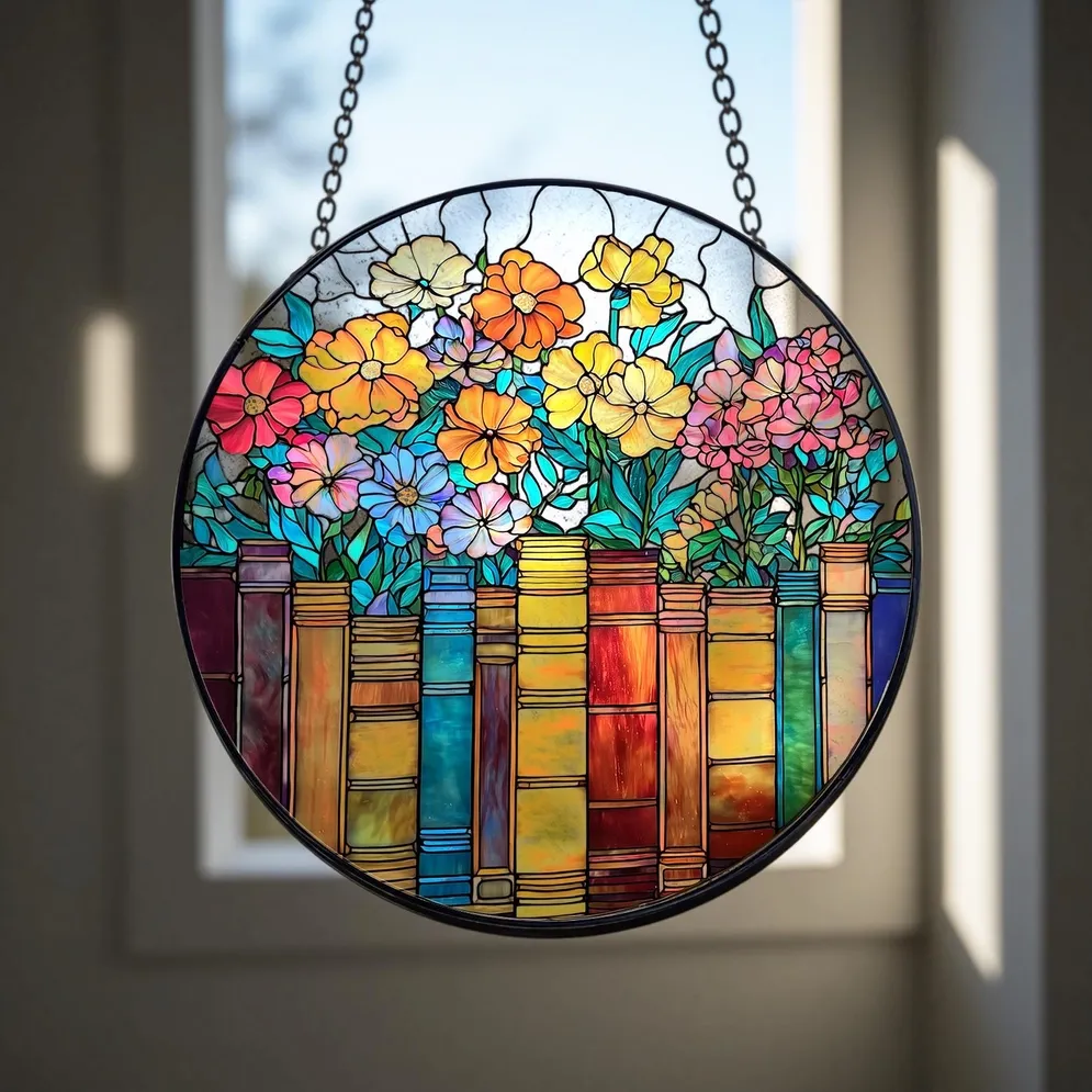 Book and Flower 3.5inch Glass Suncatcher