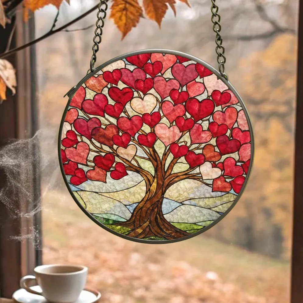 Pink Love Heart Tree 3.5inch Glass Suncatcher