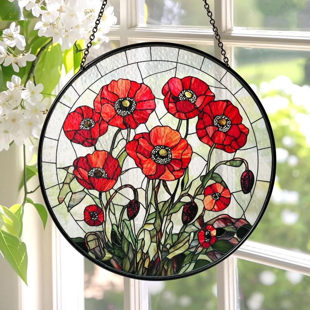 Poppy Flowers 7.8inch Glass Suncatcher