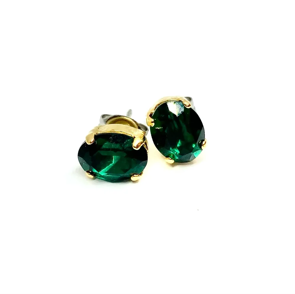 Emerald Gold plated Mini Oval Swarovski Studs Earrings