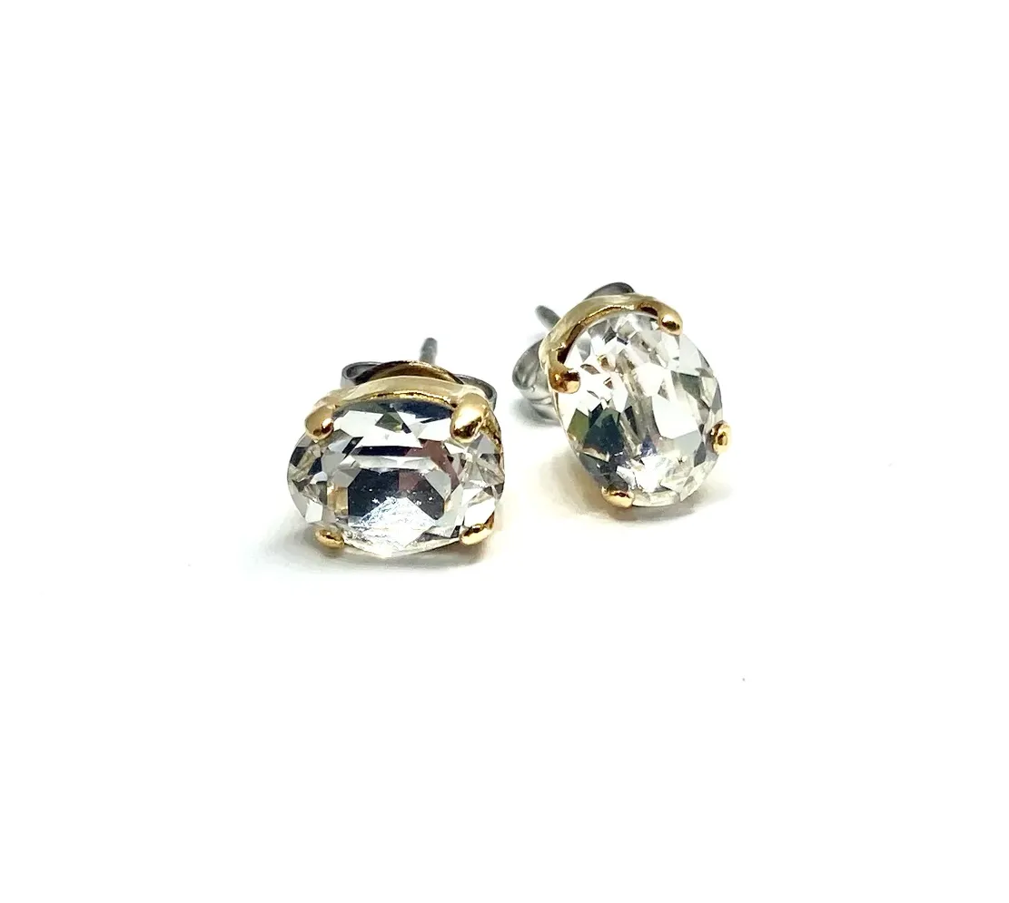 White Diamond Gold plated  Mini Oval Swarovski Studs Earrings