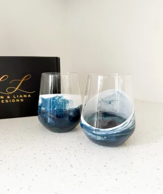 Wine Glasses S/2 Navy White Metallic  Resin Accented Navy White Metallic