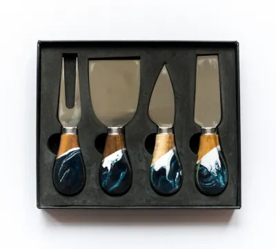 Cheese Knife S/4 Navy White Metallic Resin Coated