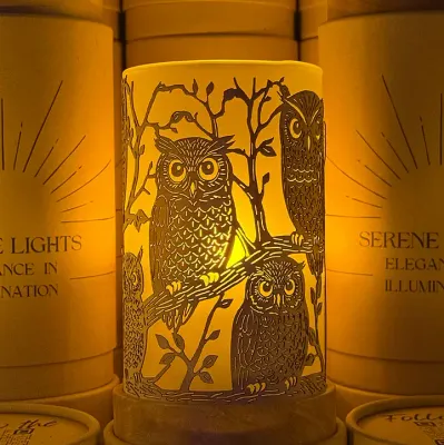 Forest Friends Owl Candle Holder – Laser Etch, Handmade Wood Veneer, Rechargeable - Motif + Base + Candle