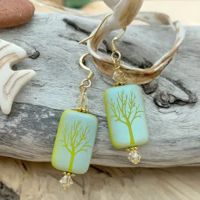 Etched Iris Tree Earrings Green