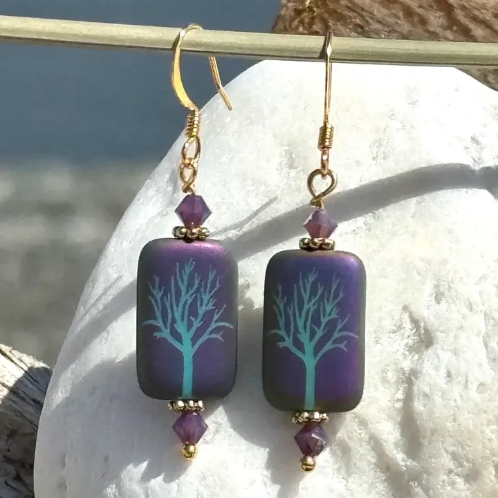 Etched Iris Tree Earrings Purple