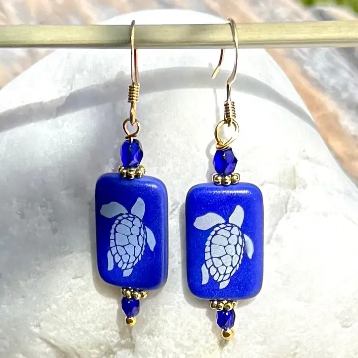 Etched Sea Turtle Earrings Blue