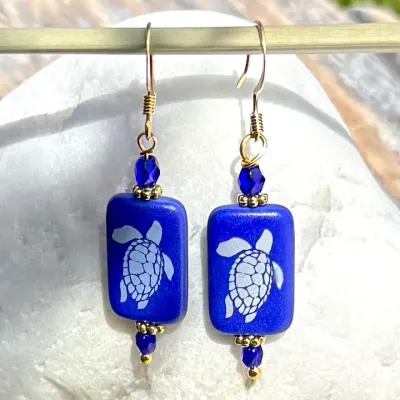 Etched Sea Turtle Earrings Blue