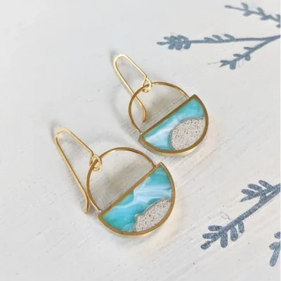 Turquoise Blue Brass Half Moon Sand/Resin Earrings