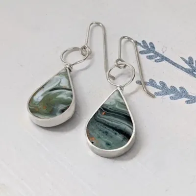 Turquoise Silver Drop w/Loop Resin Earrings
