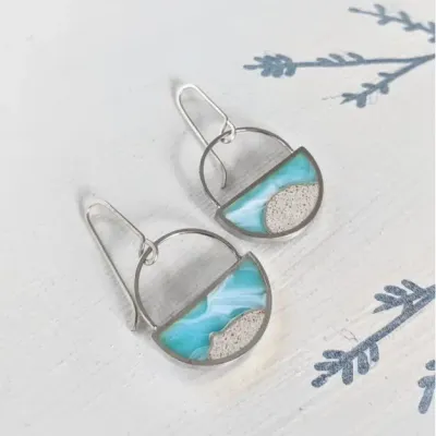 Turquoise Blue Silver Half Moon Sand/Resin Earrings