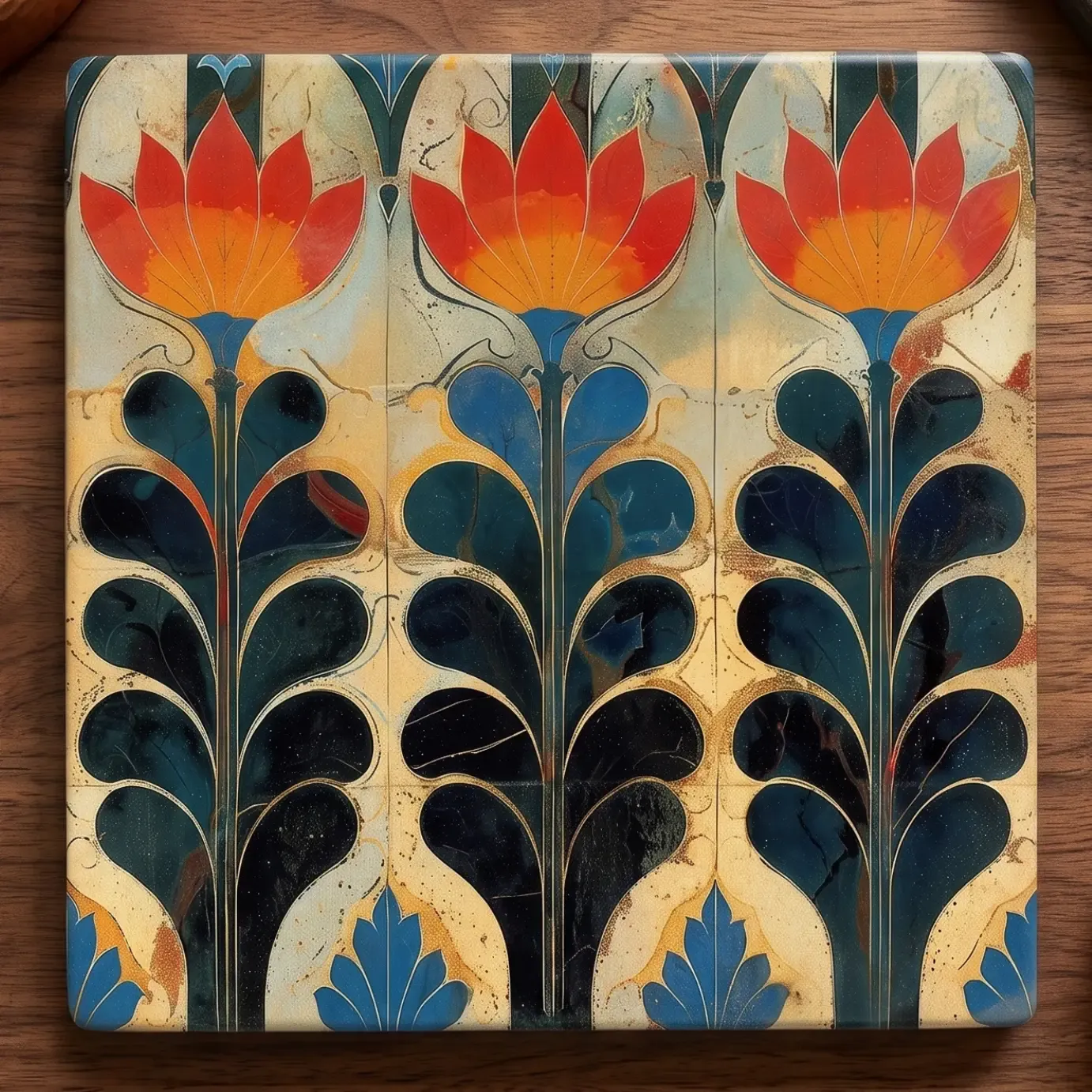 Vintage Art Nouveau Floral Ceramic Trivet