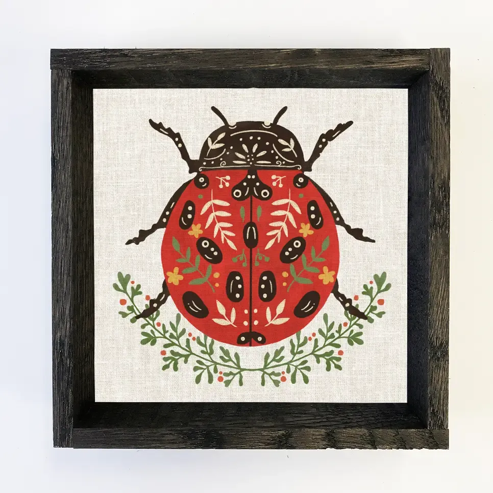 Folksy Lady Bug Wood Framed Wall Art - 6x6" Mini Canvas Art with Wood Box Frame