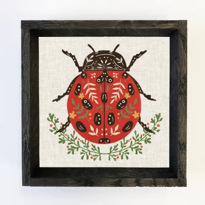 Folksy Lady Bug Wood Framed Wall Art - 6x6" Mini Canvas Art with Wood Box Frame