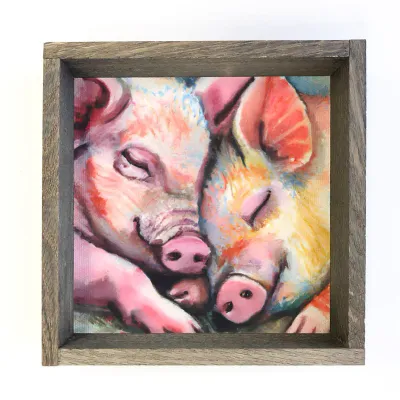 Two Pigs Painting 6x6" Mini Canvas Art with Wood Box Frame
